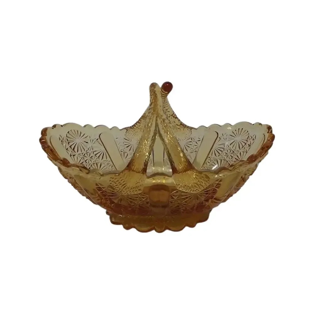 Amber Glass Basket Small Daisy Pattern Split Twig Handle Candy Dish - Picture 7 of 10